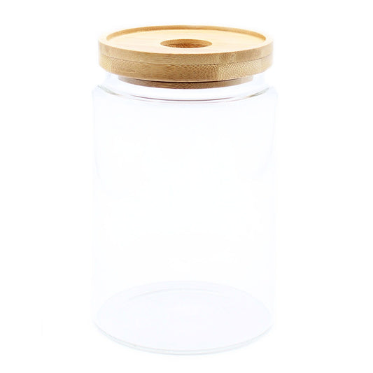 Vorratsglas aus Glas mit Bambusdeckel, 15 cm hoch.