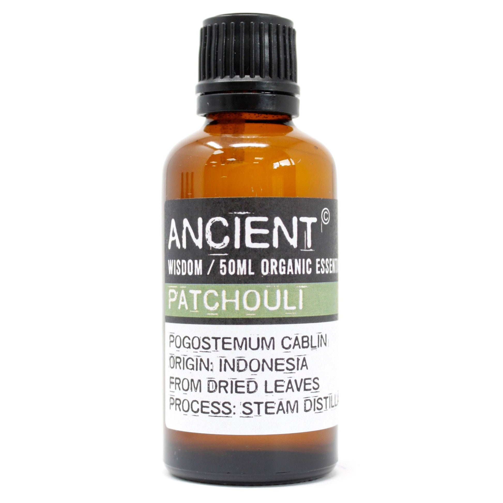 Amber glass bottle of Ancient Wisdom Patchouli essential oil.