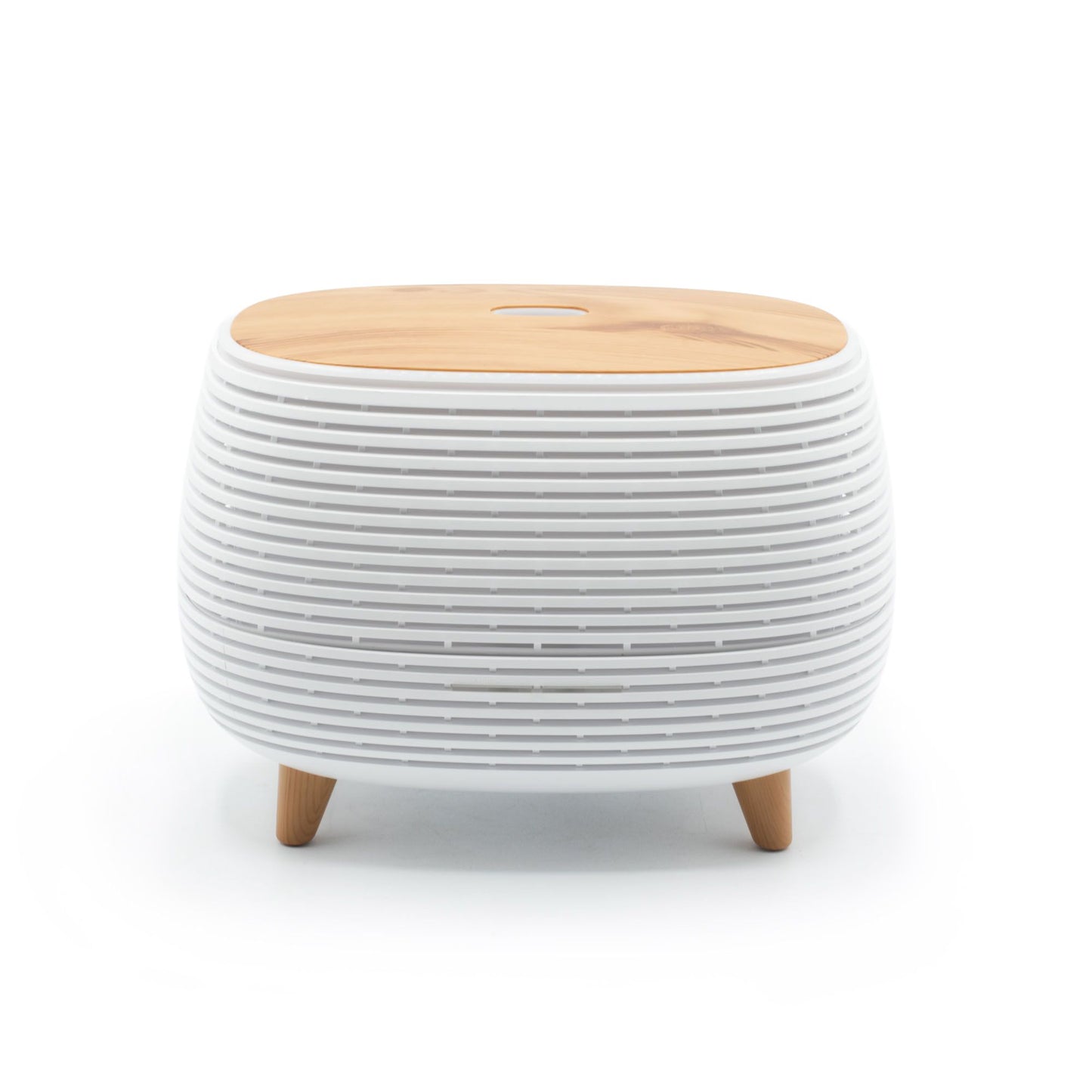 Futuristic ribbed aroma diffuser with wood-effect top and color-changing light.