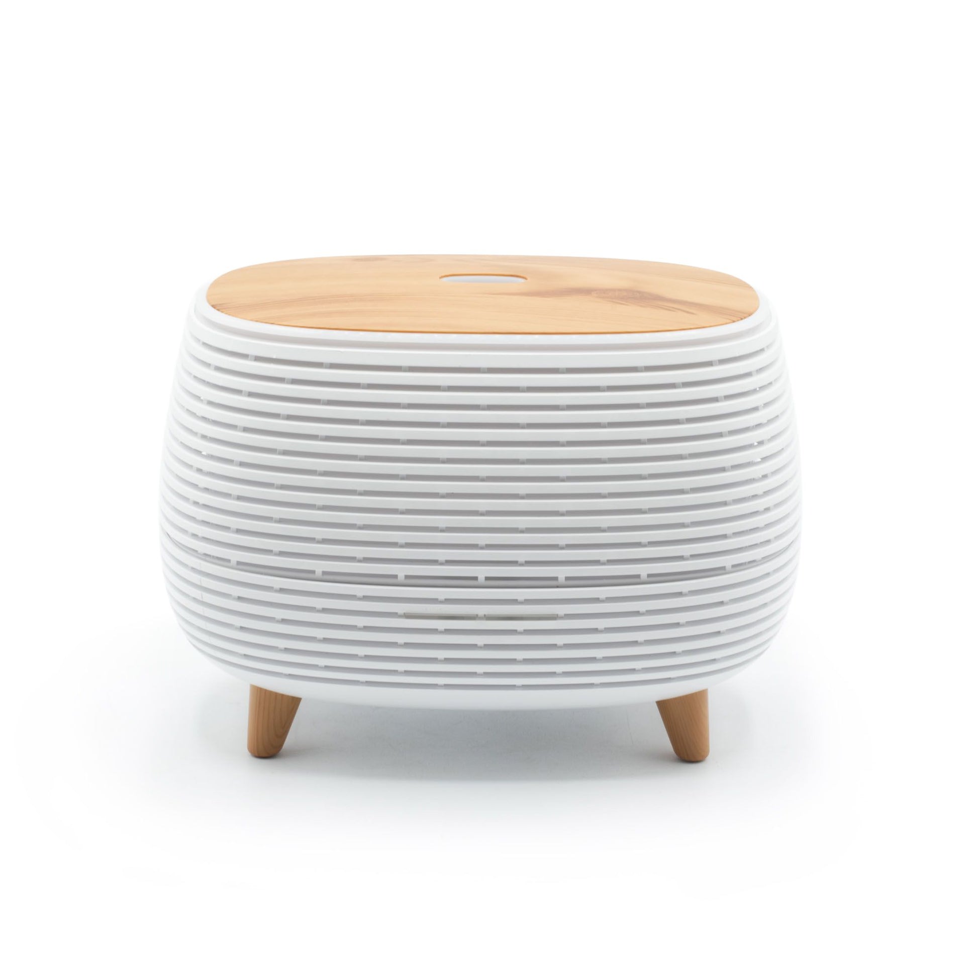 Futuristic ribbed aroma diffuser with wood-effect top and color-changing light.
