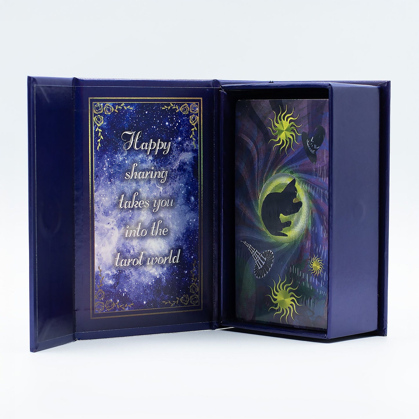 A purple tarot card set with a booklet and gift box.