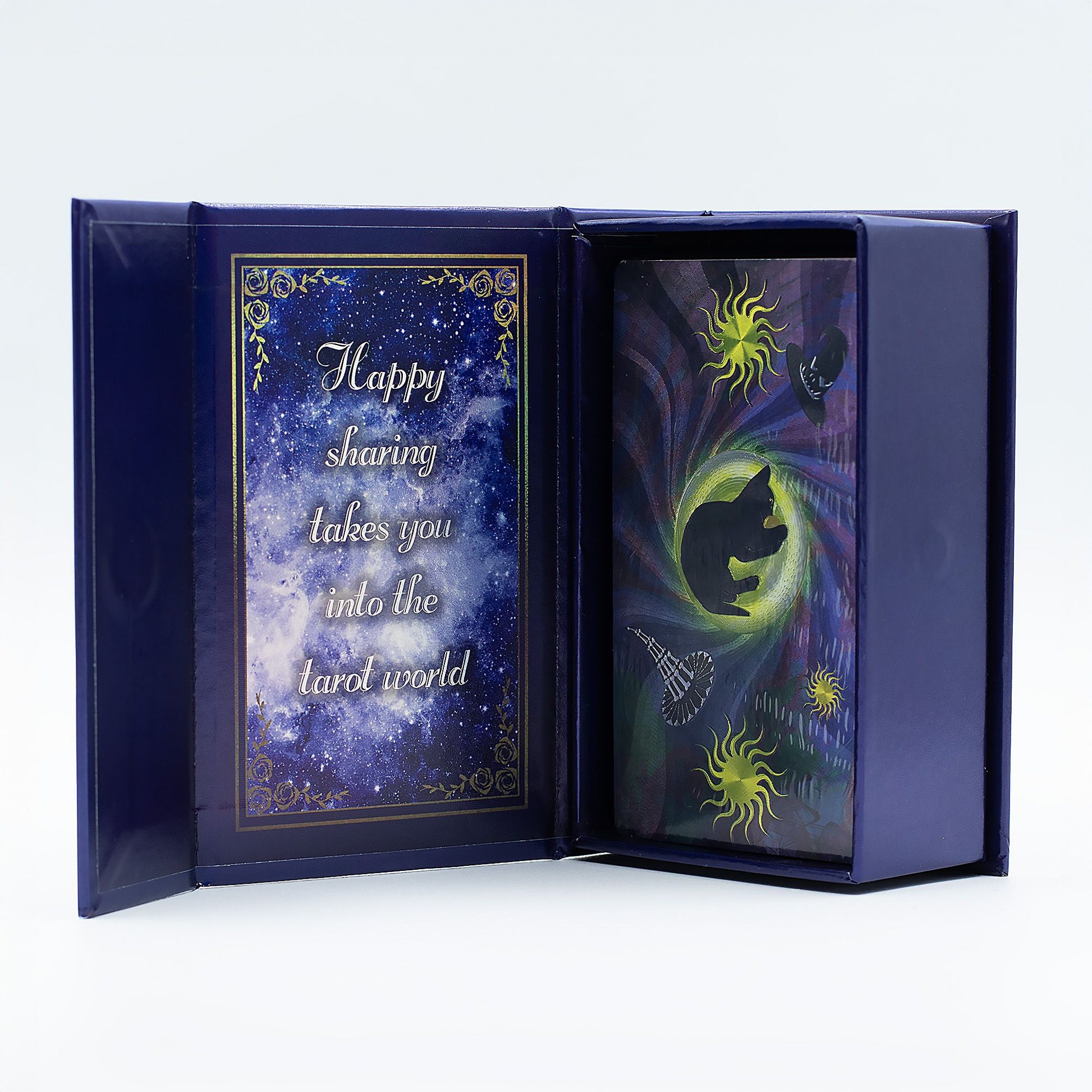 A purple tarot card set with a booklet and gift box.