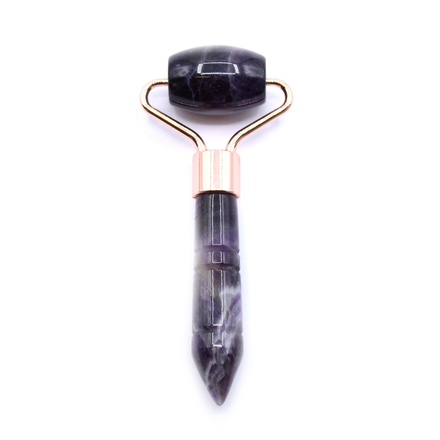 Mini Amethyst Edelstein Gesichtsroller mit roségoldfarbenem Metallrahmen.
