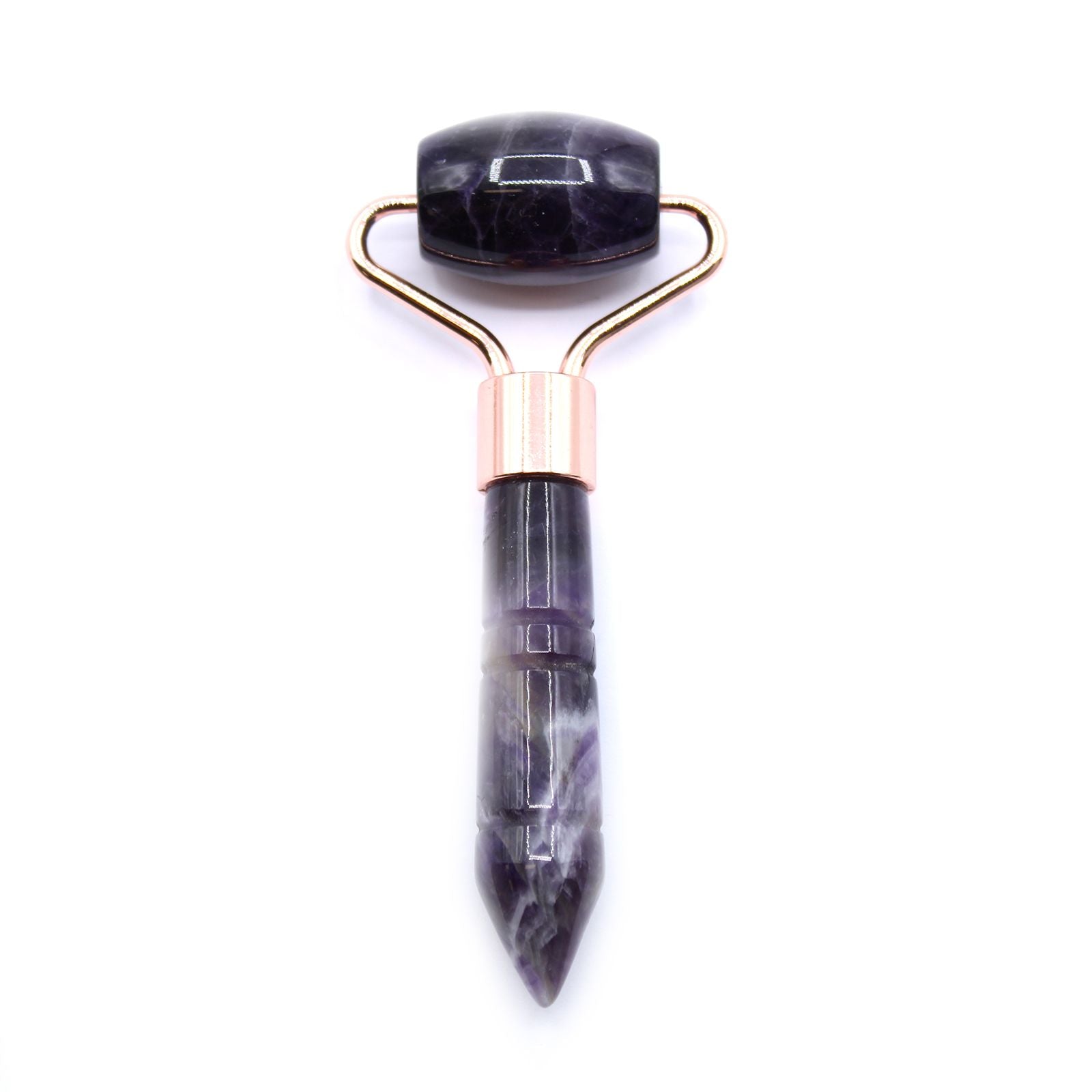 Mini Amethyst Edelstein Gesichtsroller mit roségoldfarbenem Metallrahmen.