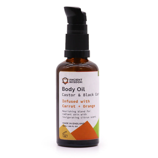 Bio Aromatherapie-Körperöl 50 ml mit Karotte & Orange in Bernsteinglasflasche.