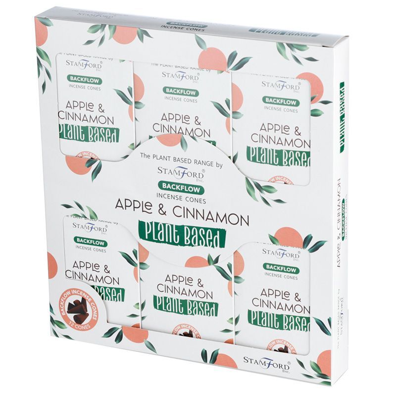 Pflanzliche Backflow Räucherkegel Apfel & Zimt in einer weißen Box mit Früchten und Blättern.