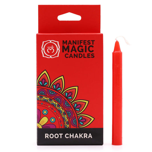 Rote Manifestationskerze mit der Aufschrift "Root Chakra" auf der Verpackung.
