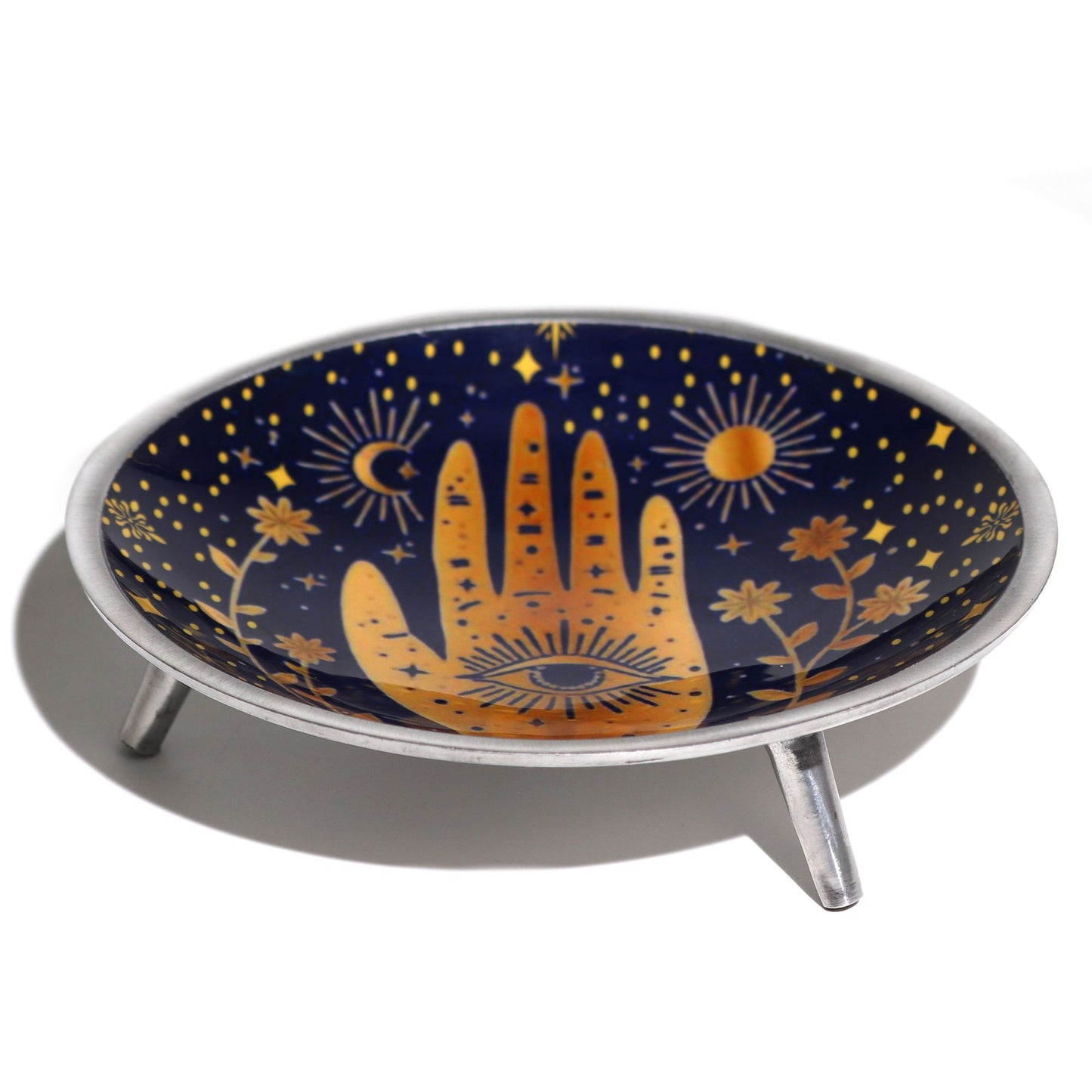Dreibeinige Opferplatte mit Hamsa-Motiv in Mitternachtsblau.