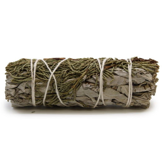 Smudge stick made of white sage and juniper, approximately 10cm long.