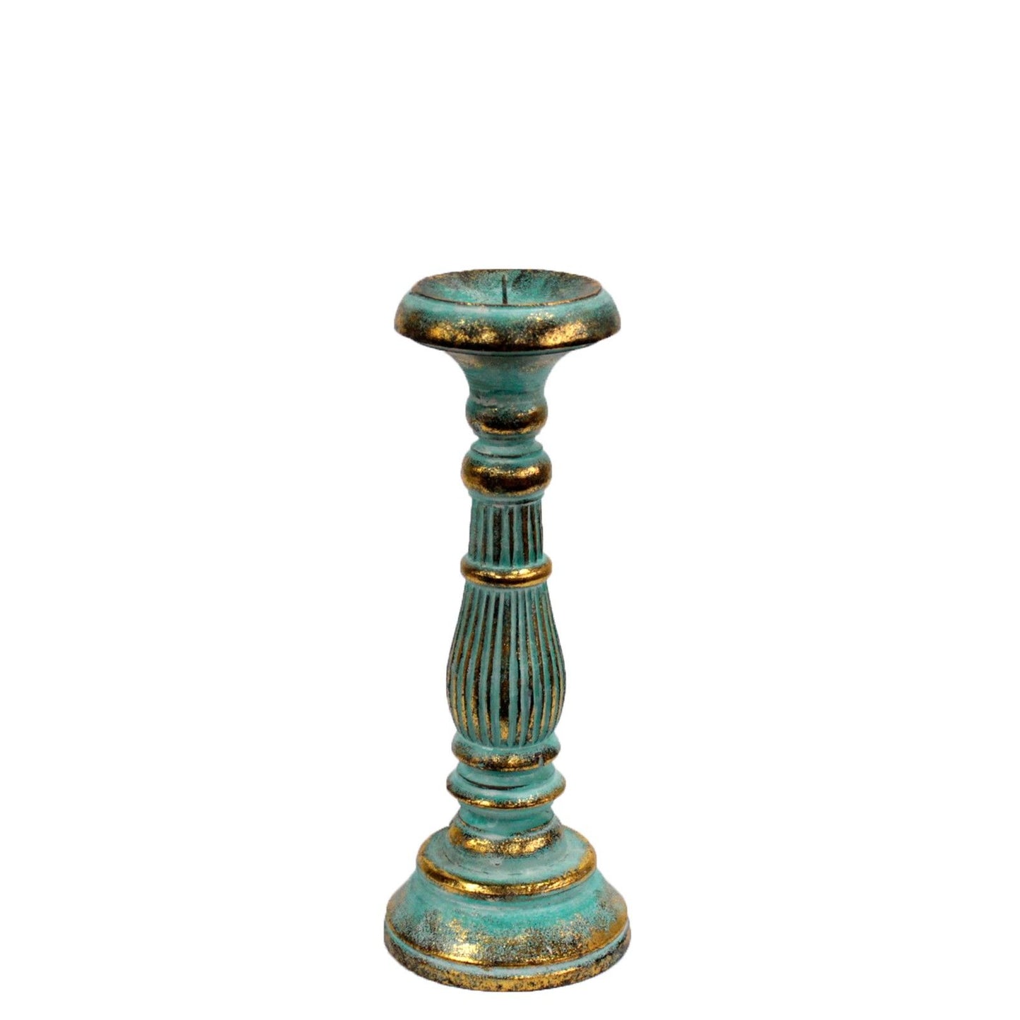 Kleiner Kerzenständer in Türkis und Gold mit Vintage-Patina.