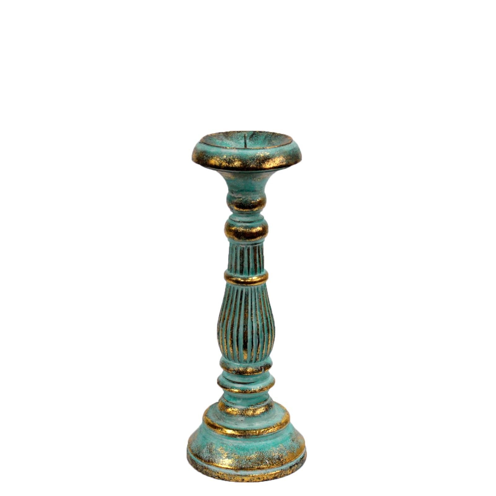 Kleiner Kerzenständer in Türkis und Gold mit Vintage-Patina.