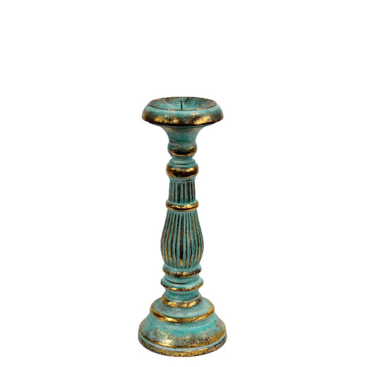 Kleiner Kerzenständer in Türkis und Gold mit Vintage-Patina.