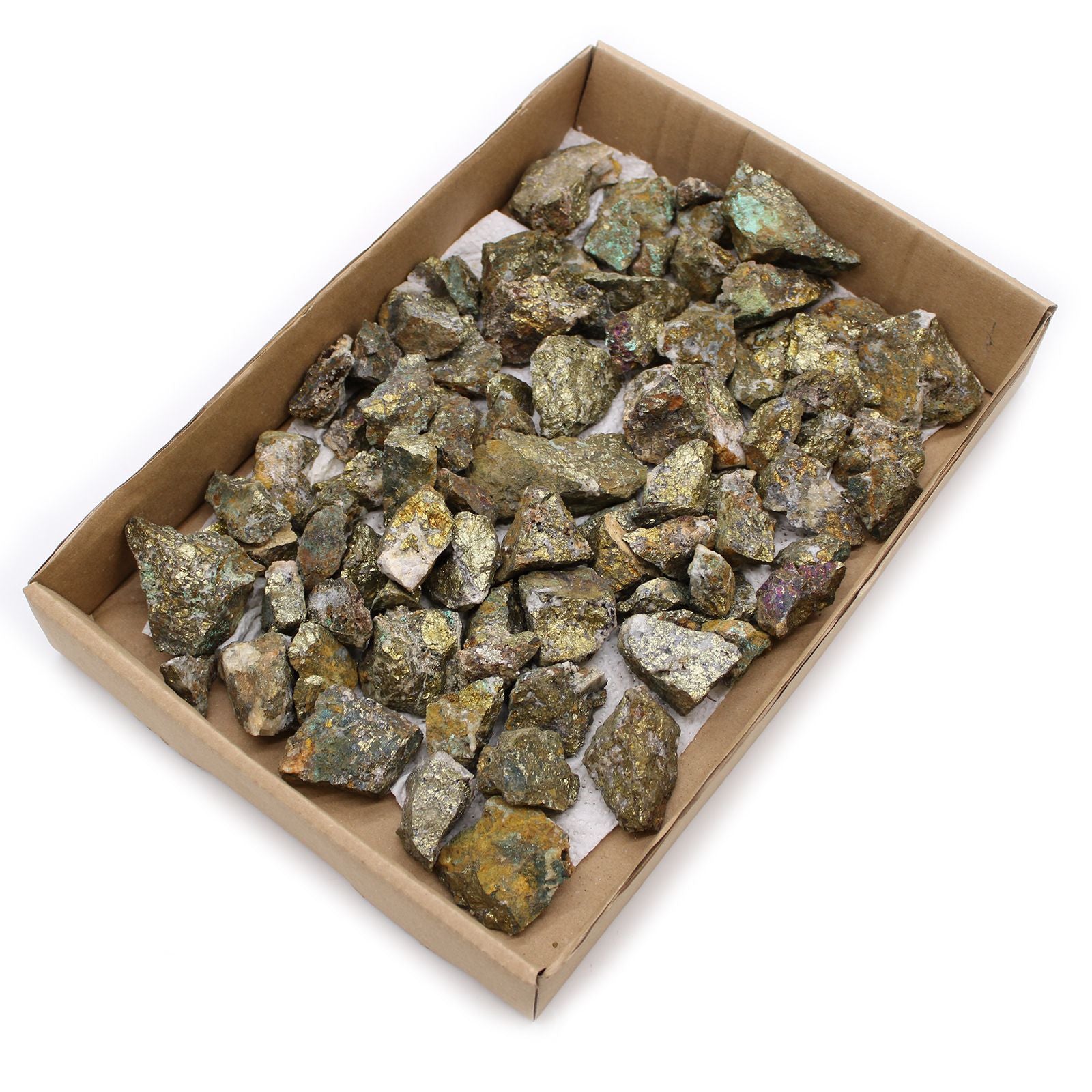 Chalkopyrit Rohsteine mit metallischem Goldglanz in einer Pappschale.