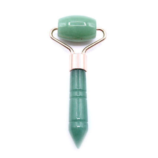 Mini Aventurin Edelstein Gesichtsroller mit roségoldfarbenem Metallrahmen.
