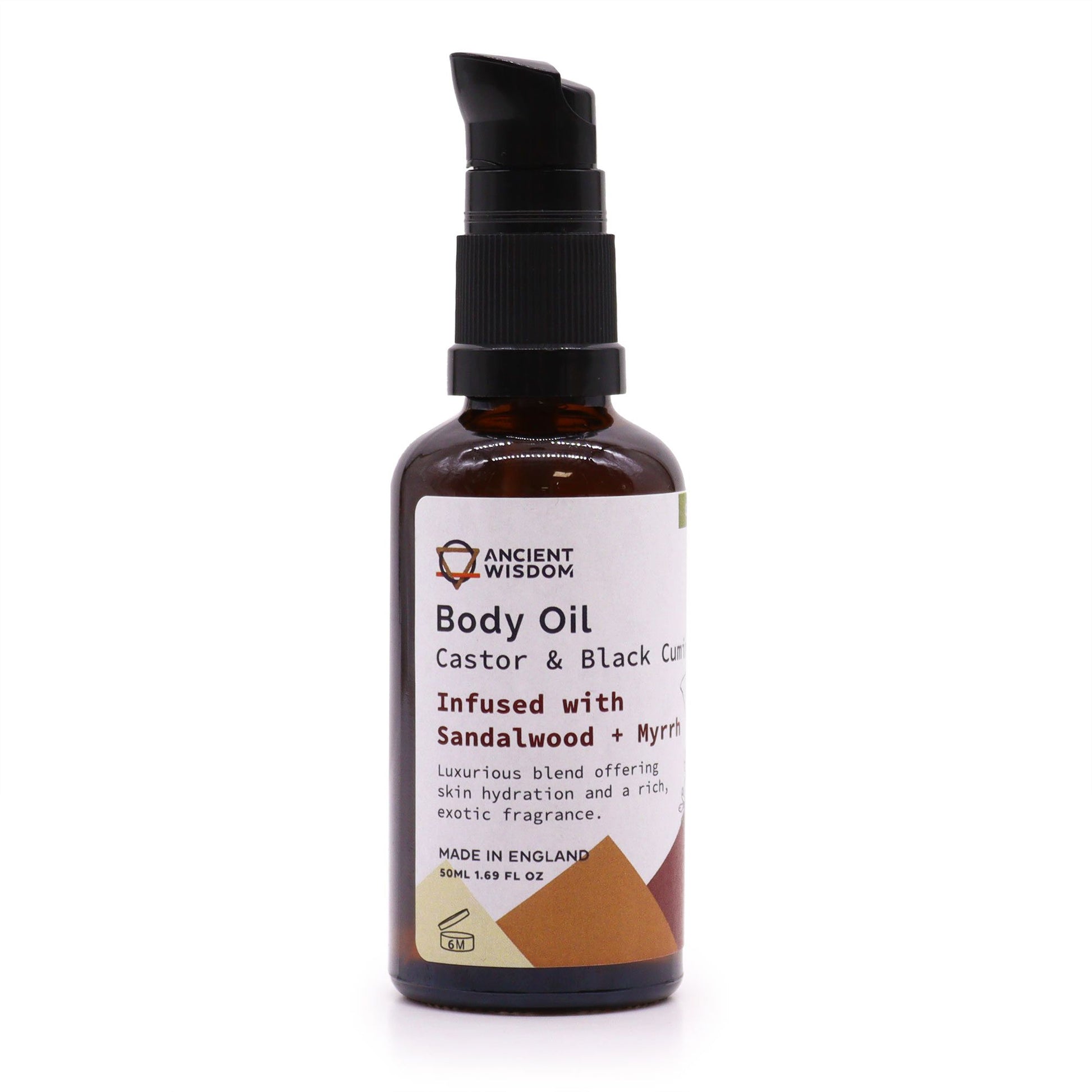 Bio Aromatherapie-Körperöl 50 ml mit Sandelholz & Myrrhe in Bernsteinglasflasche.