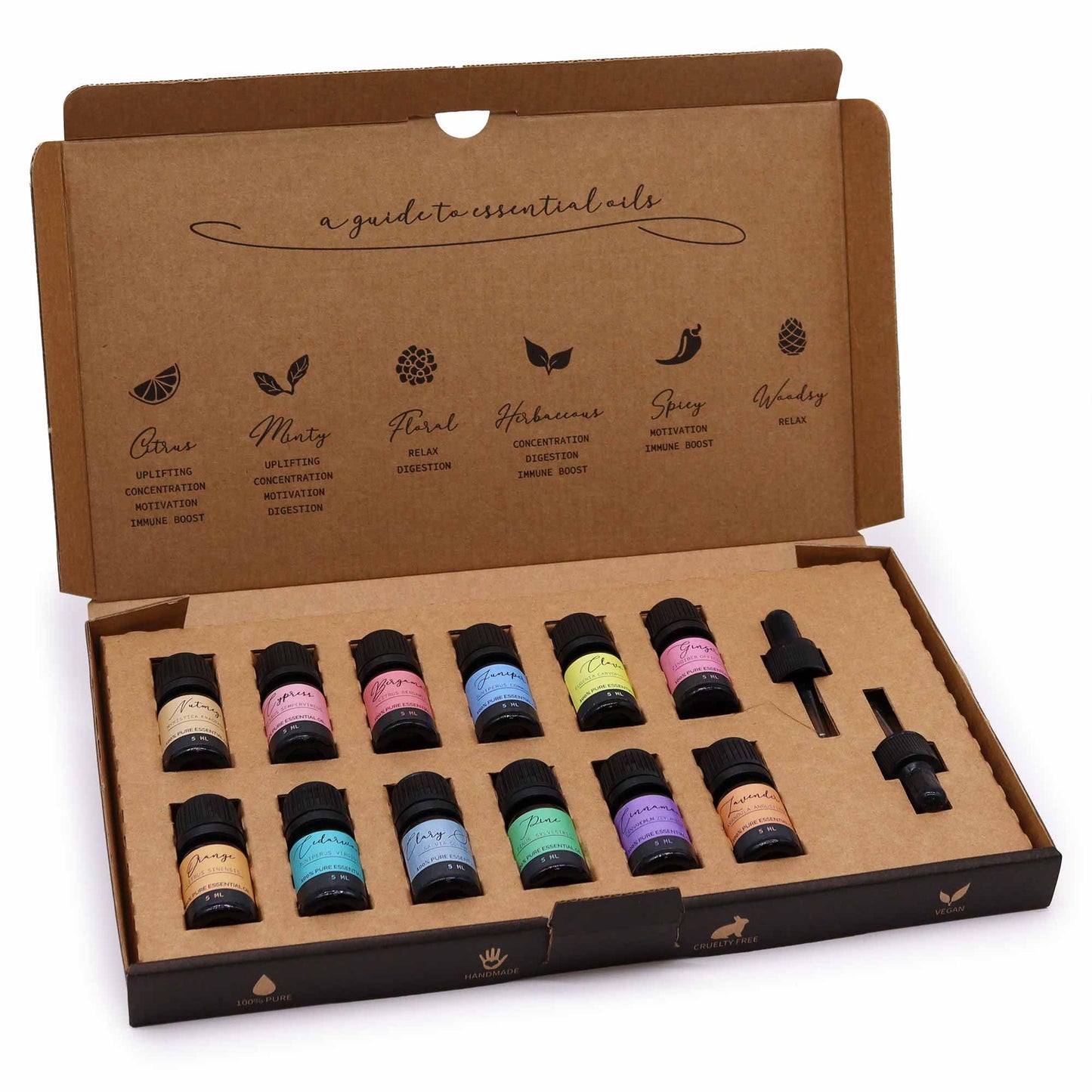 Aromatherapie-Set mit 12 ätherischen Ölen und zwei Pipetten.