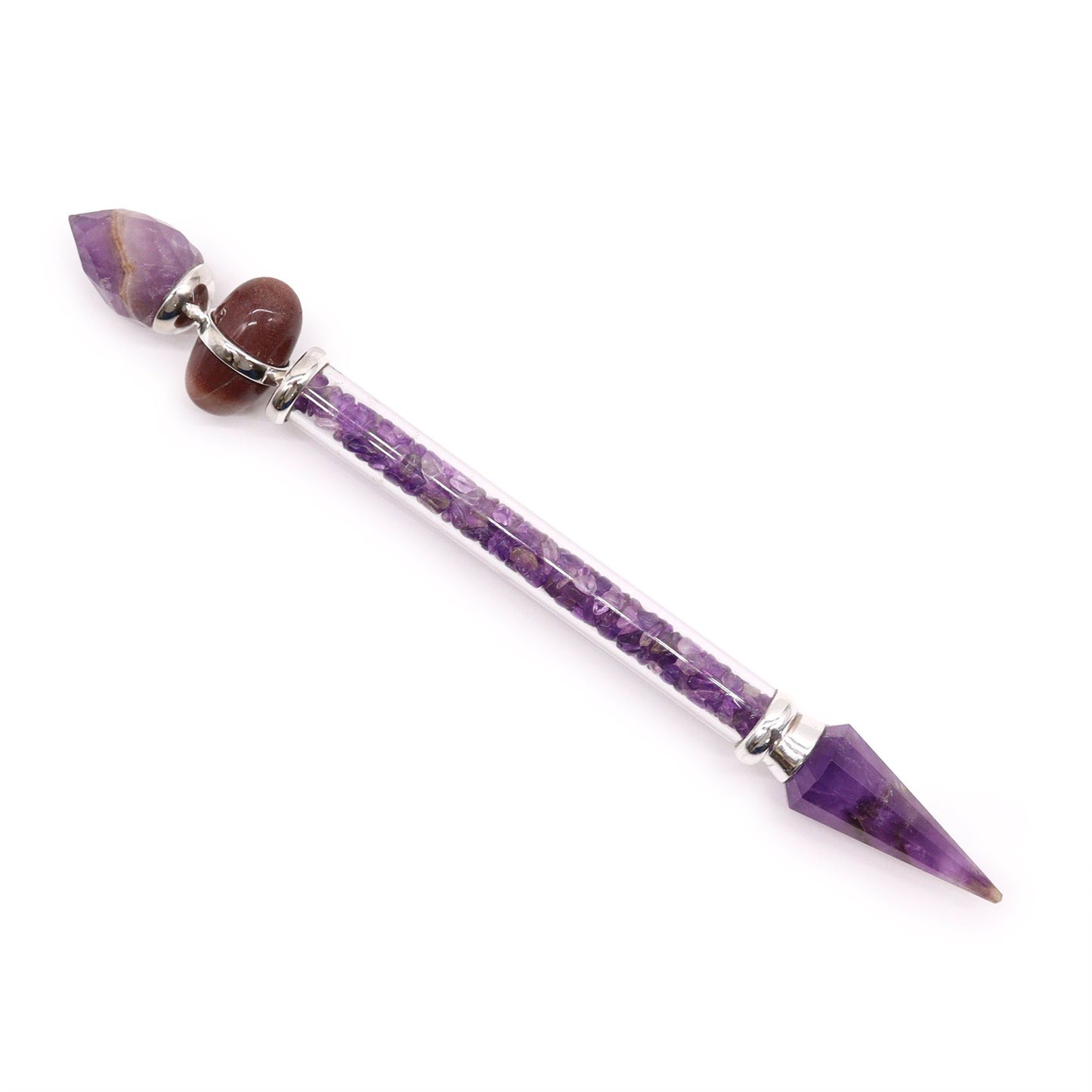 A magic wand with amethyst crystals and a Shiva Lingam stone.
