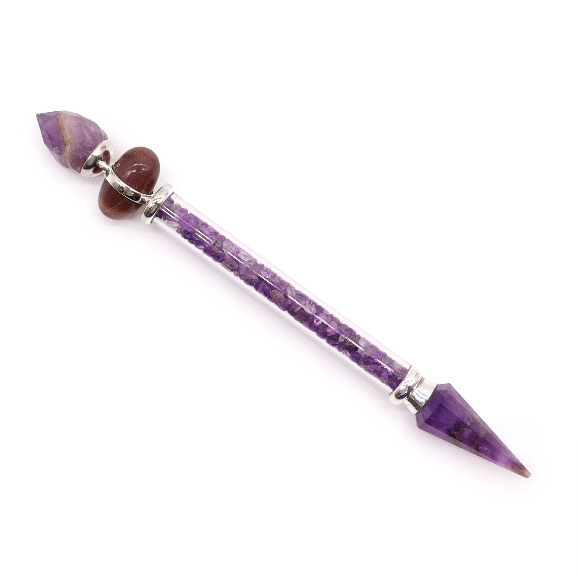 A magic wand with amethyst crystals and a Shiva Lingam stone.