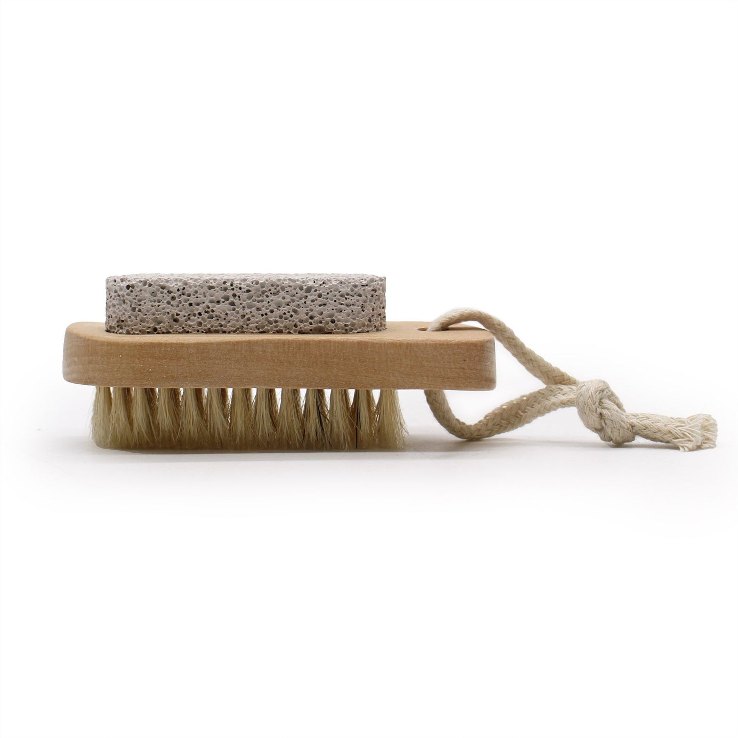 Wooden brush with pumice stone and rope handle.