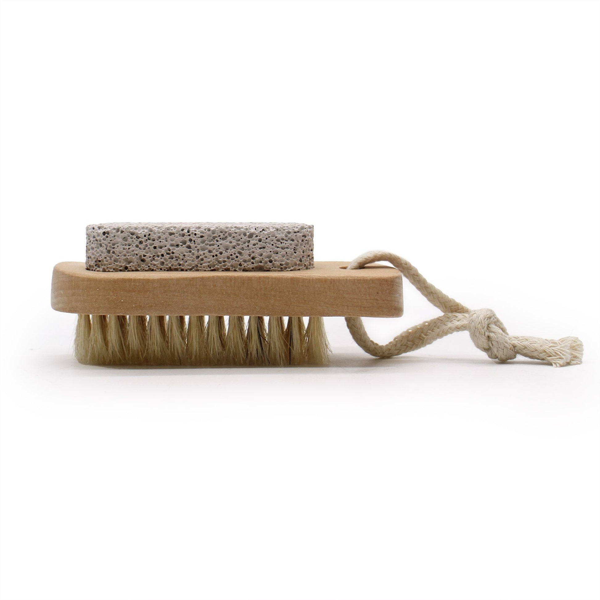 Wooden brush with pumice stone and rope handle.