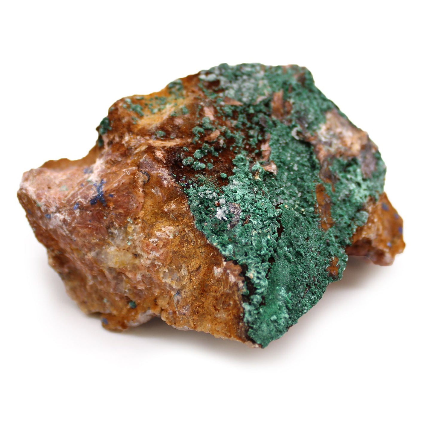Ein roher Azurit-Malachit-Stein mit grünen und braunen Mineralien.