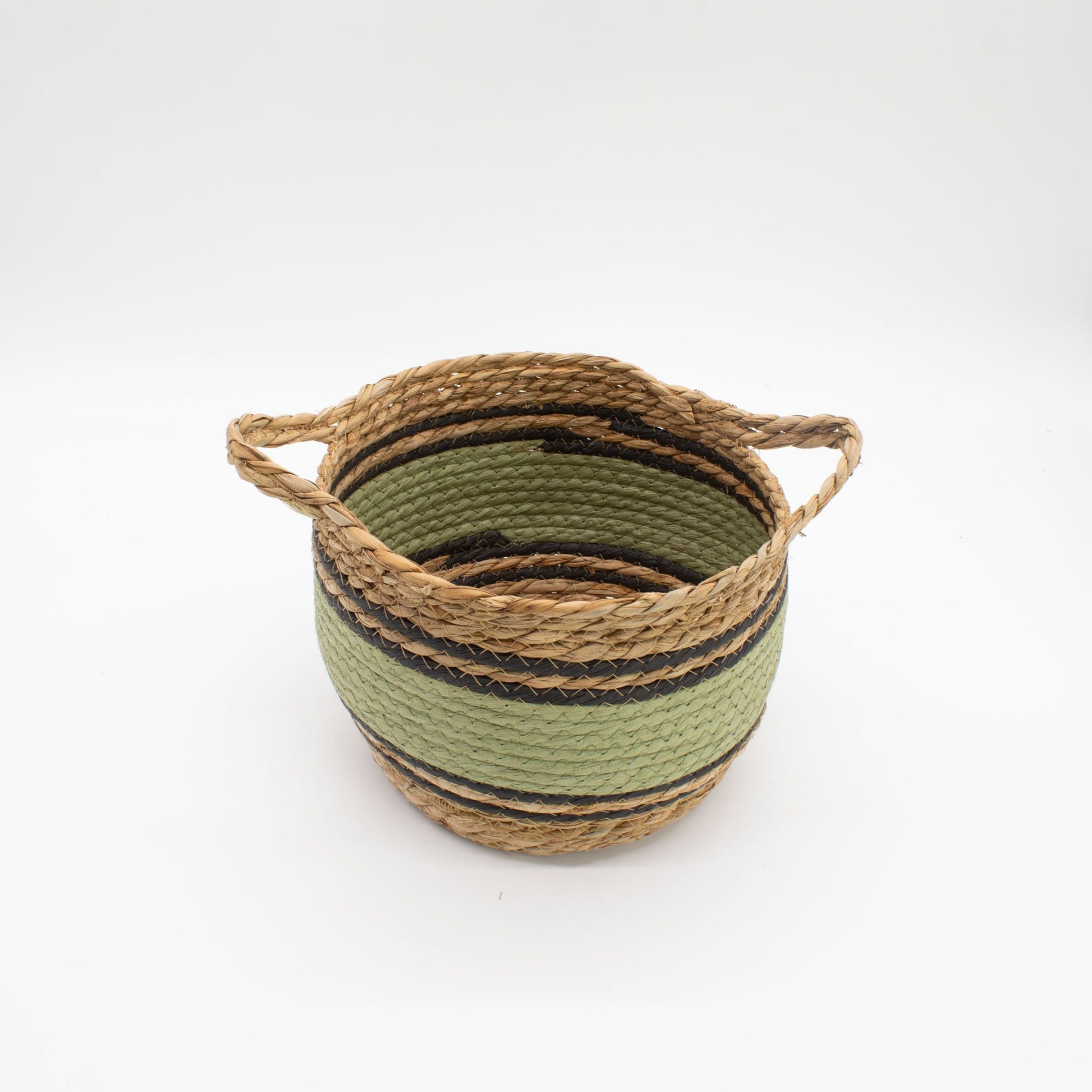 Round woven basket with handles in natural, black, and green stripes.