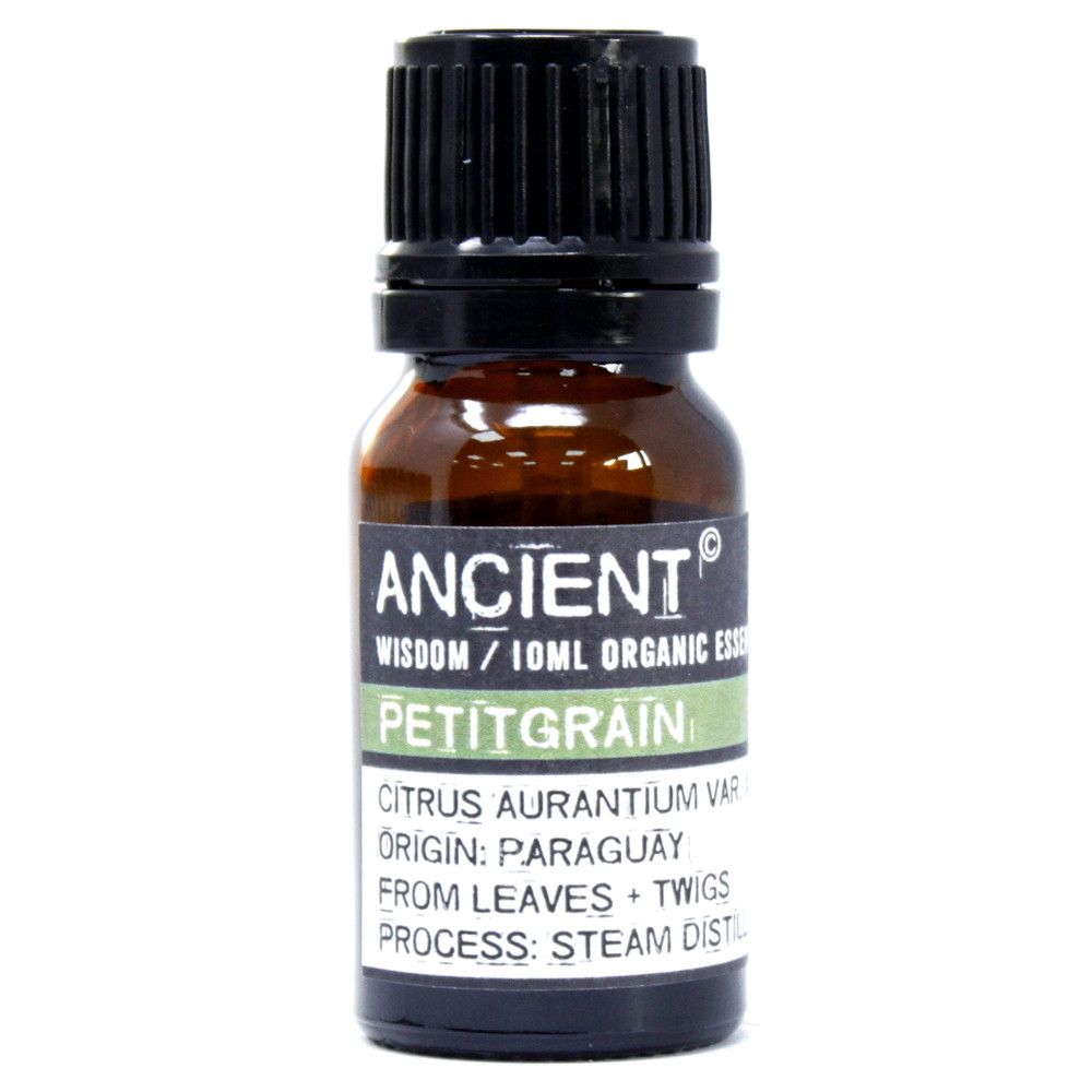 Eine Flasche Petitgrain BIO 10ml von Ancient Wisdom mit Etikett.