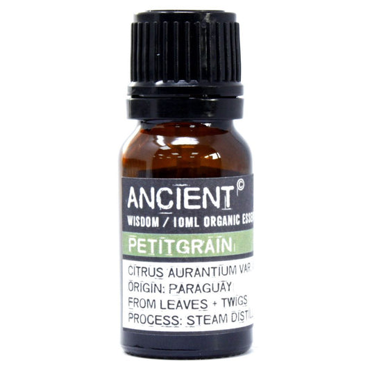 Eine Flasche Petitgrain BIO 10ml von Ancient Wisdom mit Etikett.