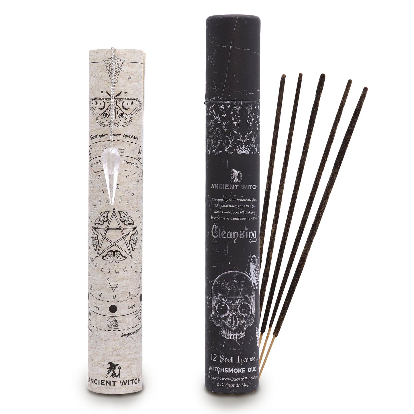 Räucherstäbchen-Set mit Pendel und Ritualkarte im Vintage-Stil.