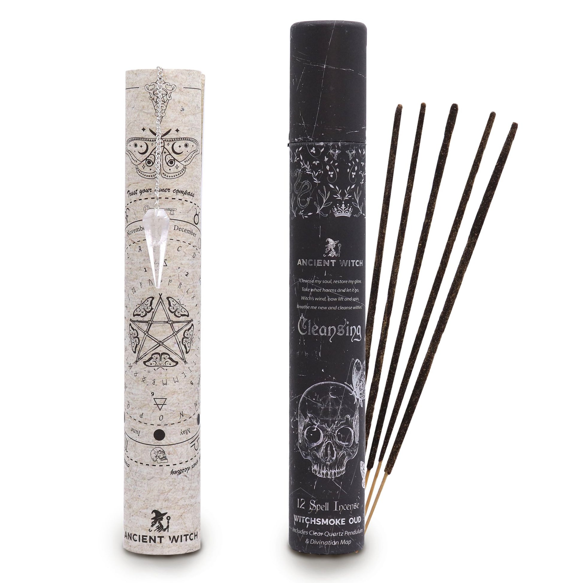 Räucherstäbchen-Set mit Pendel und Ritualkarte im Vintage-Stil.