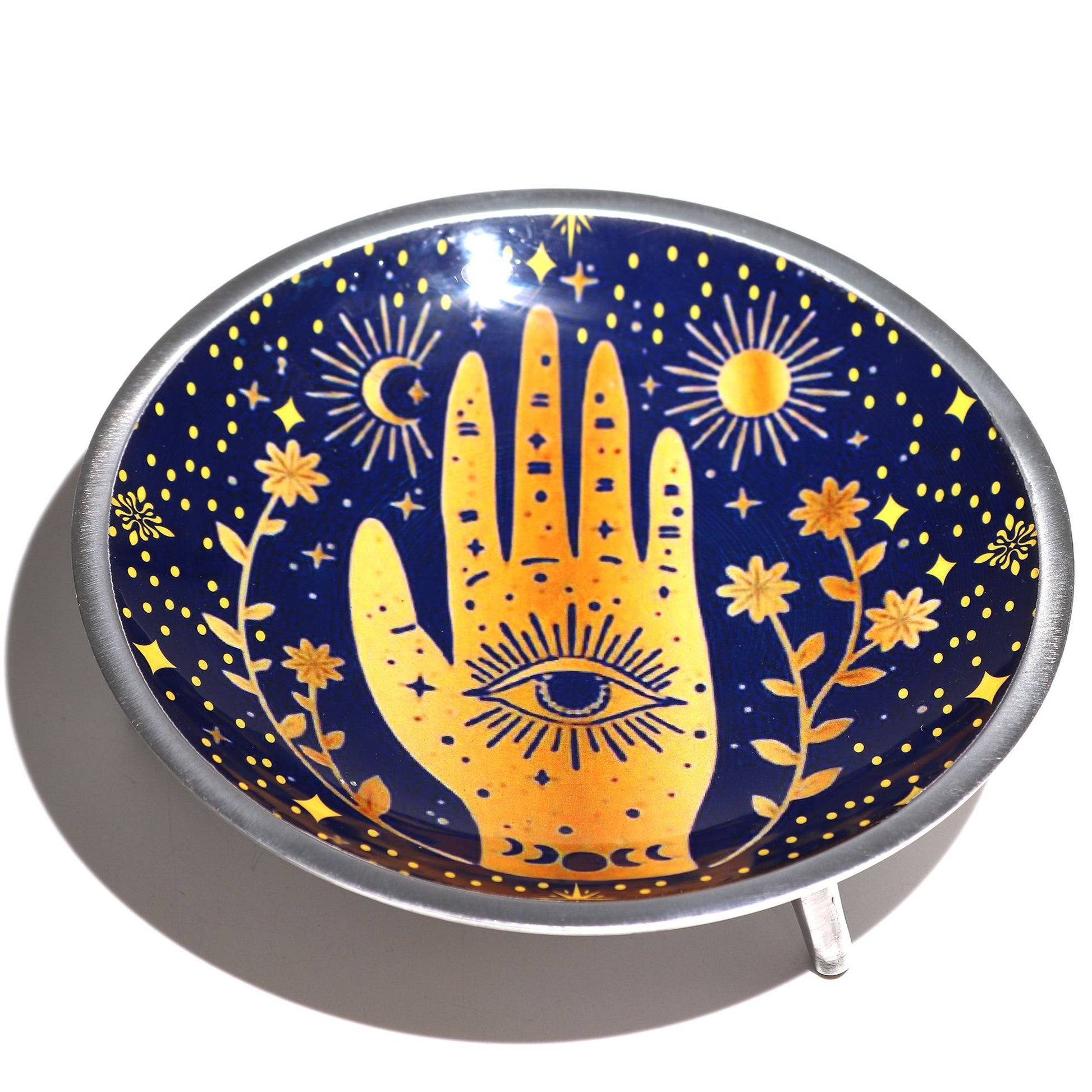 Dreibeinige Opferplatte mit Hamsa-Motiv in Mitternachtsblau.
