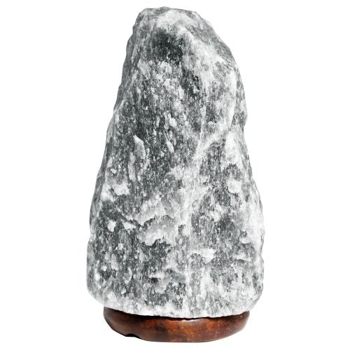 Grey Himalayan natural salt lamp with a wooden base.