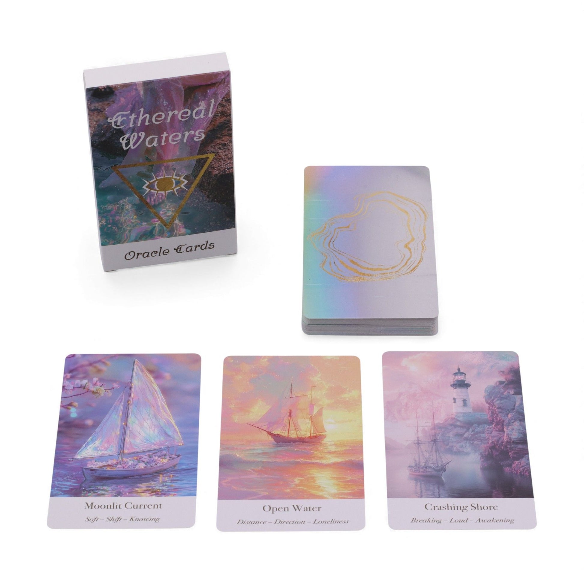 Ethereal Waters Orakelkarten mit drei abgebildeten Karten und dem Kartendeck.