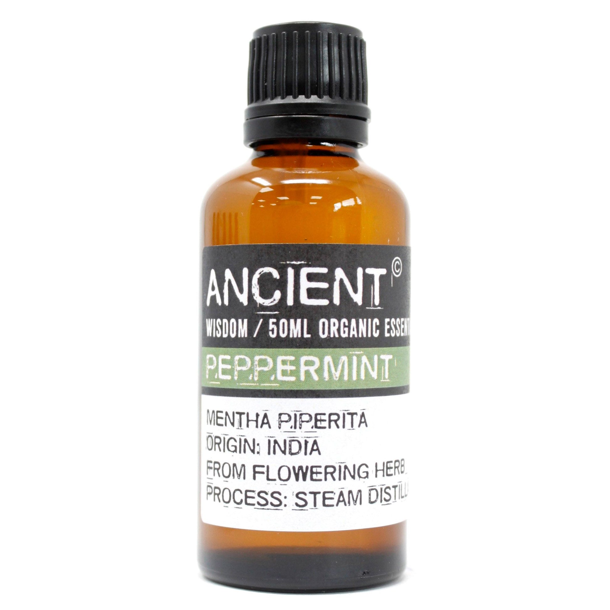 Amber glass bottle of Ancient Wisdom Peppermint organic essential oil.