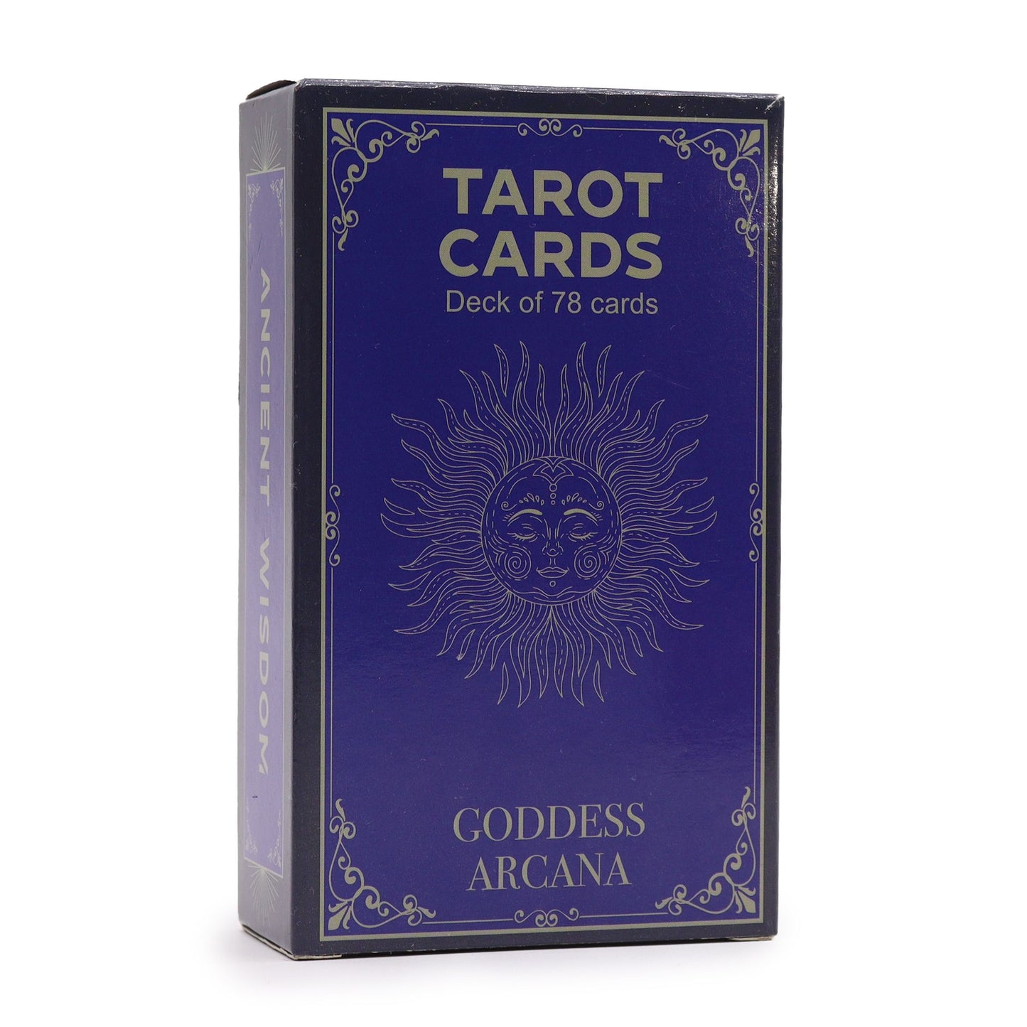 A box of Goddess Arcana Tarot Cards with a sun illustration.
