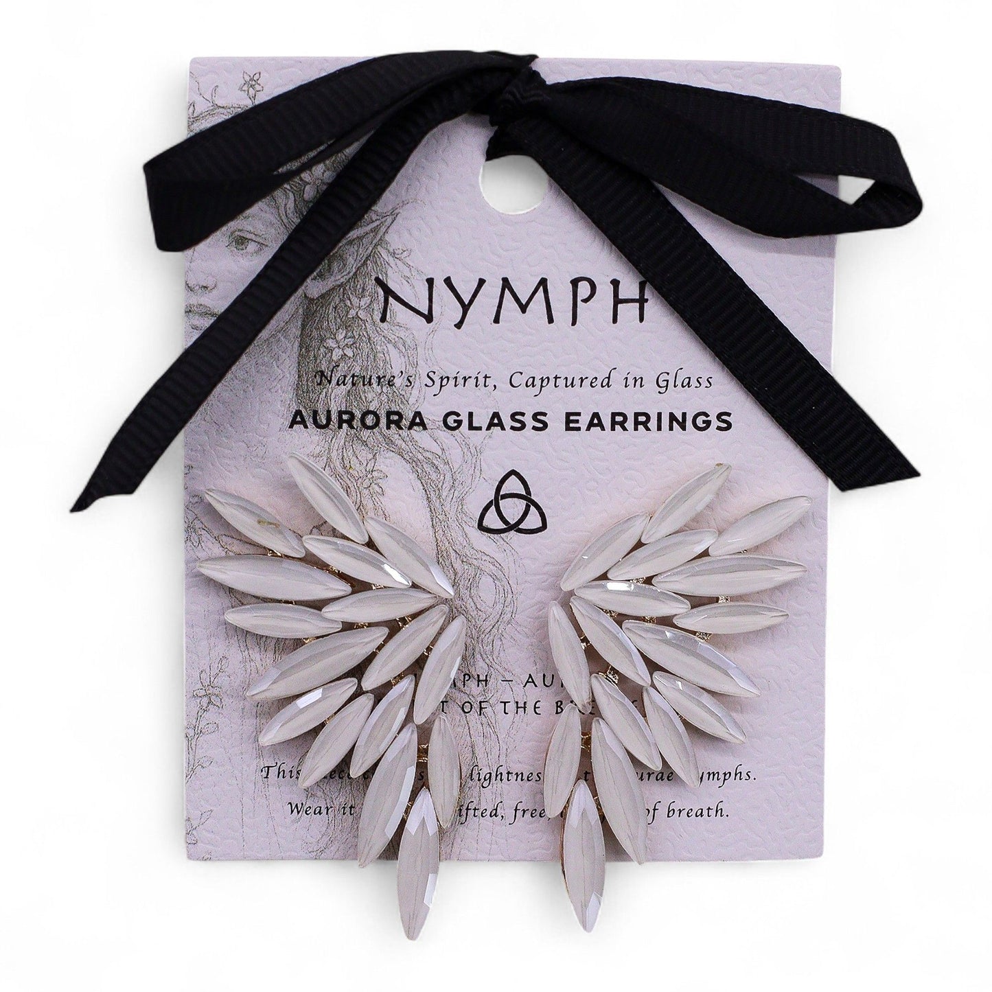 Vintage glass angel wing earrings with pearl accents on a card.