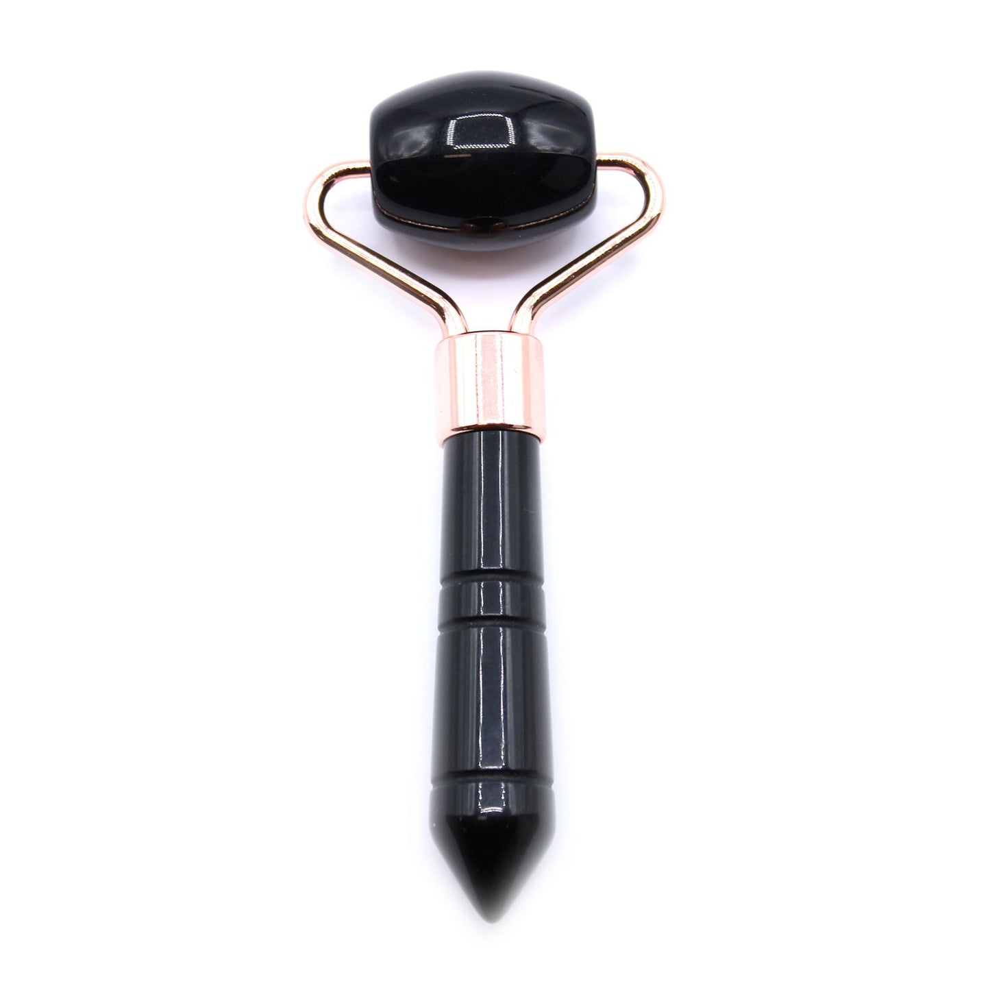 Mini Obsidian Edelstein Gesichtsroller mit roséfarbenem Metallgriff.