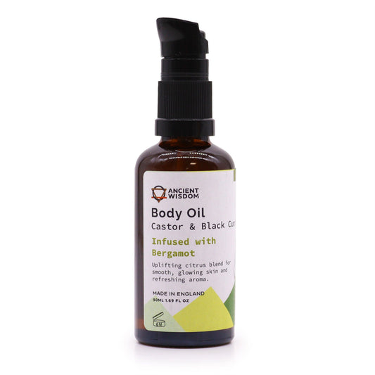 Bio Aromatherapie-Körperöl 50 ml mit Bergamotte in Bernsteinglasflasche.