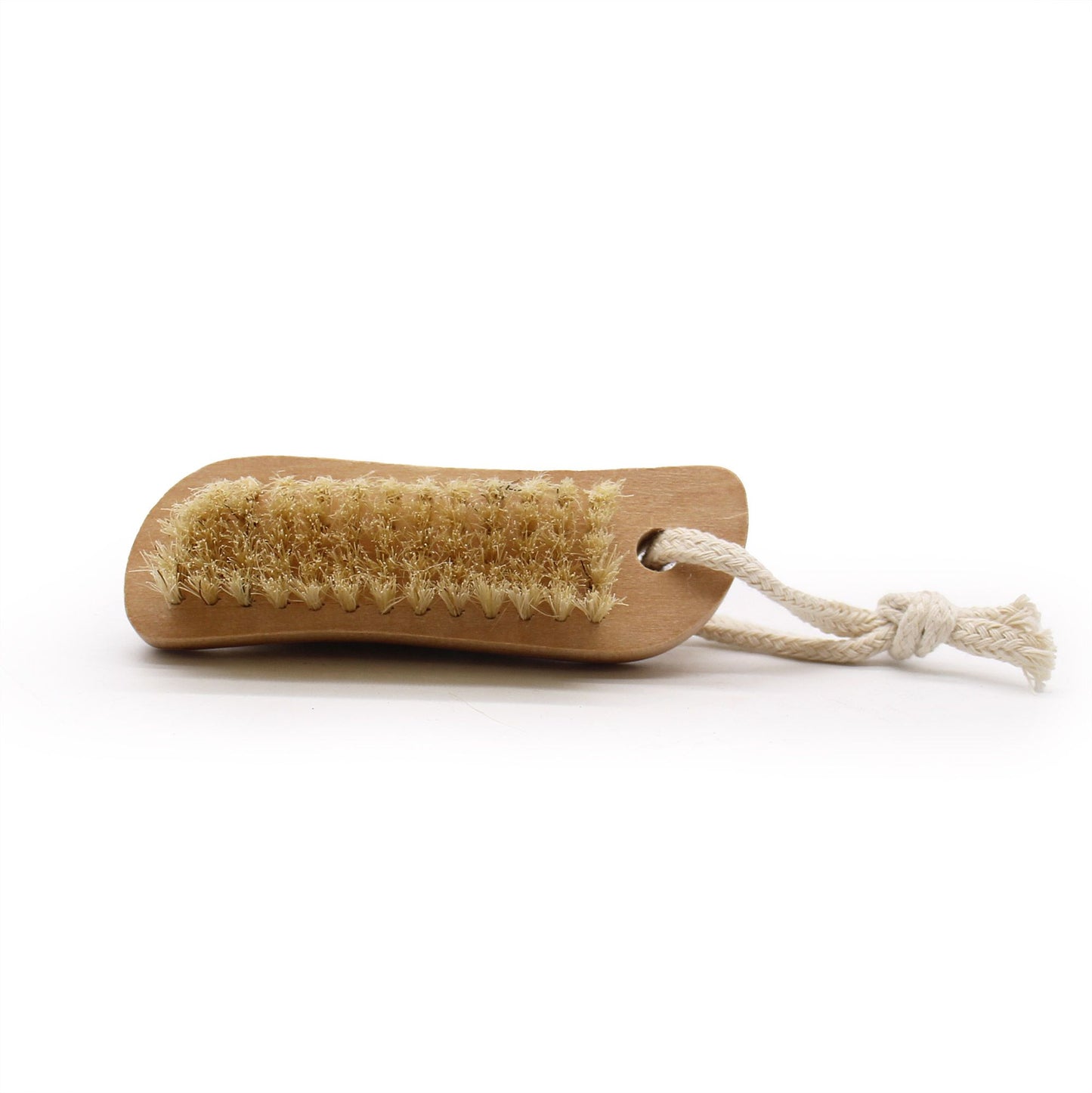 Wooden brush with natural bristles and a rope loop.