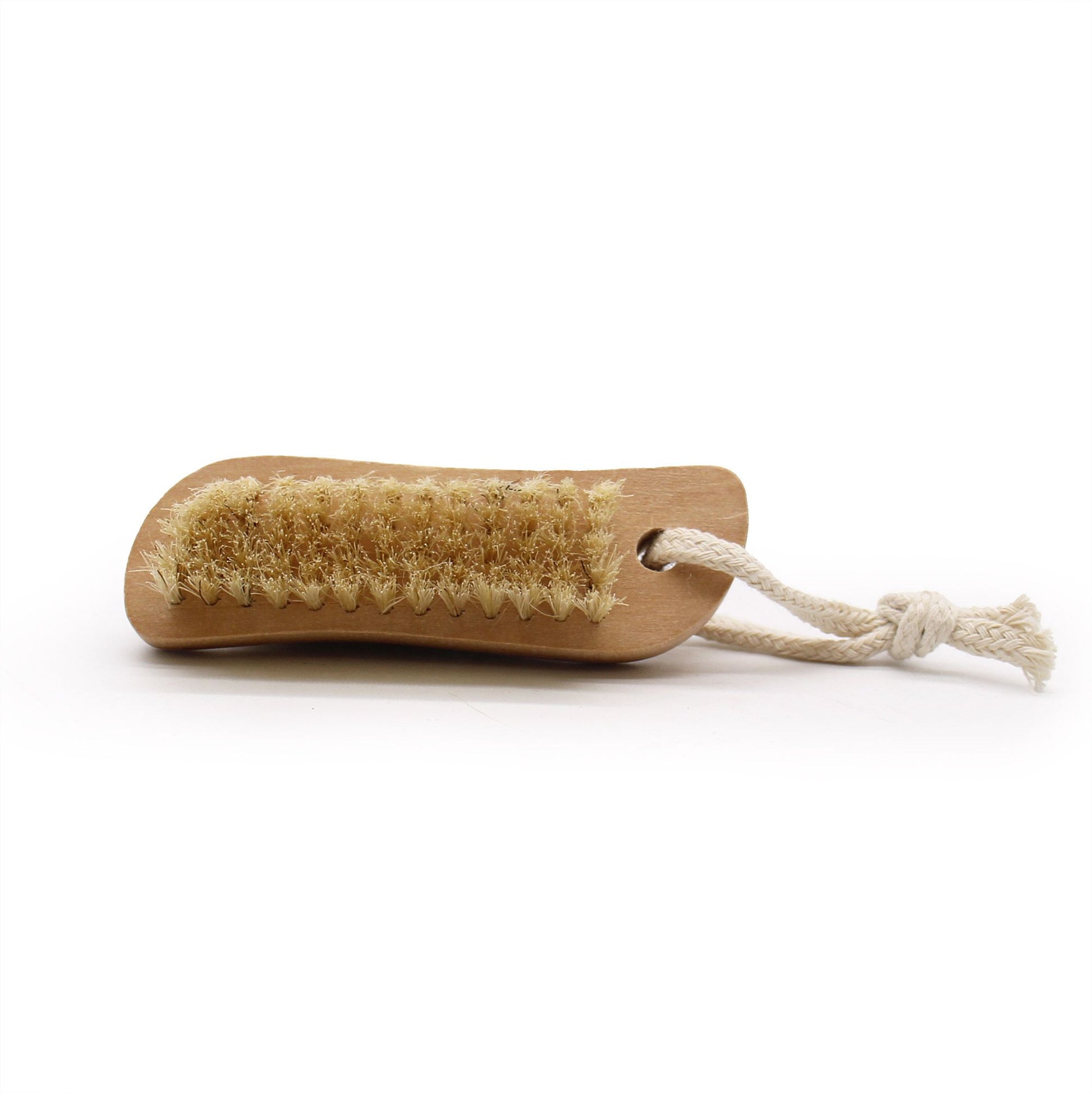 Wooden brush with natural bristles and a rope loop.