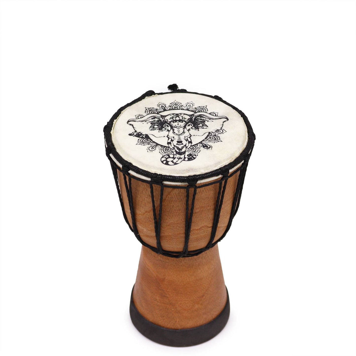 Handmade djembe drum with an elephant motif on the head.