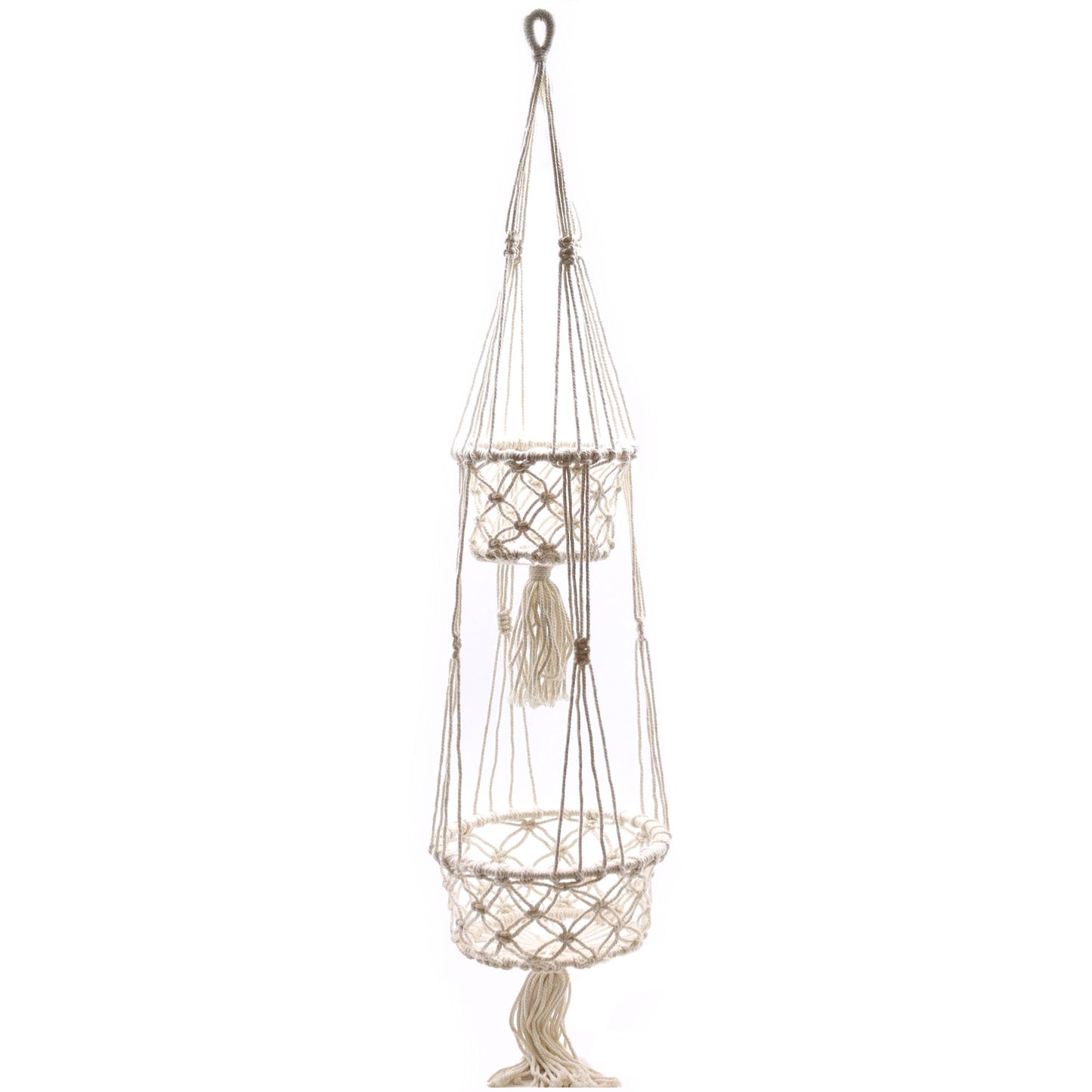 Doppelter Makramee-Blumentopfhalter aus Baumwolle mit Quasten.