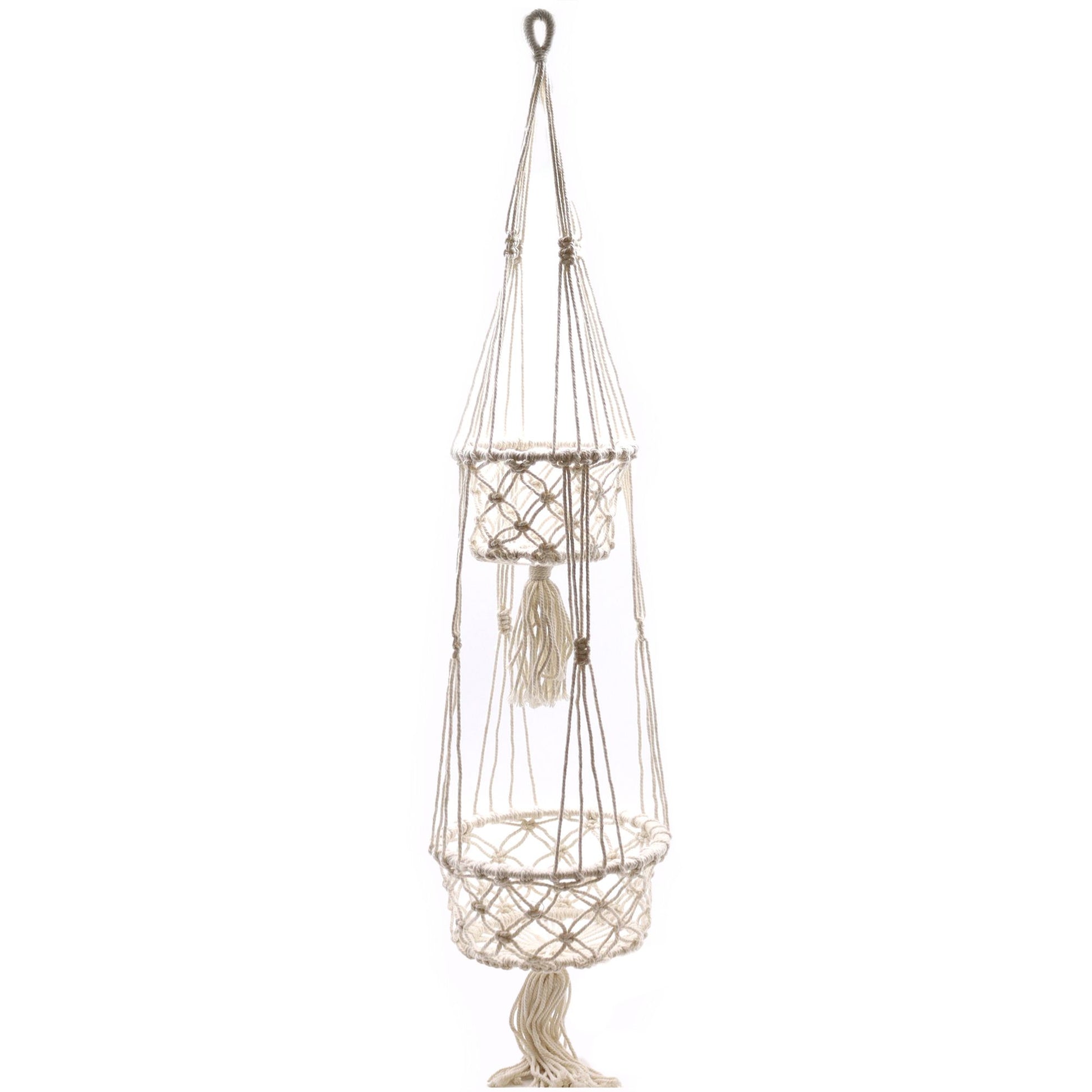 Doppelter Makramee-Blumentopfhalter aus Baumwolle mit Quasten.