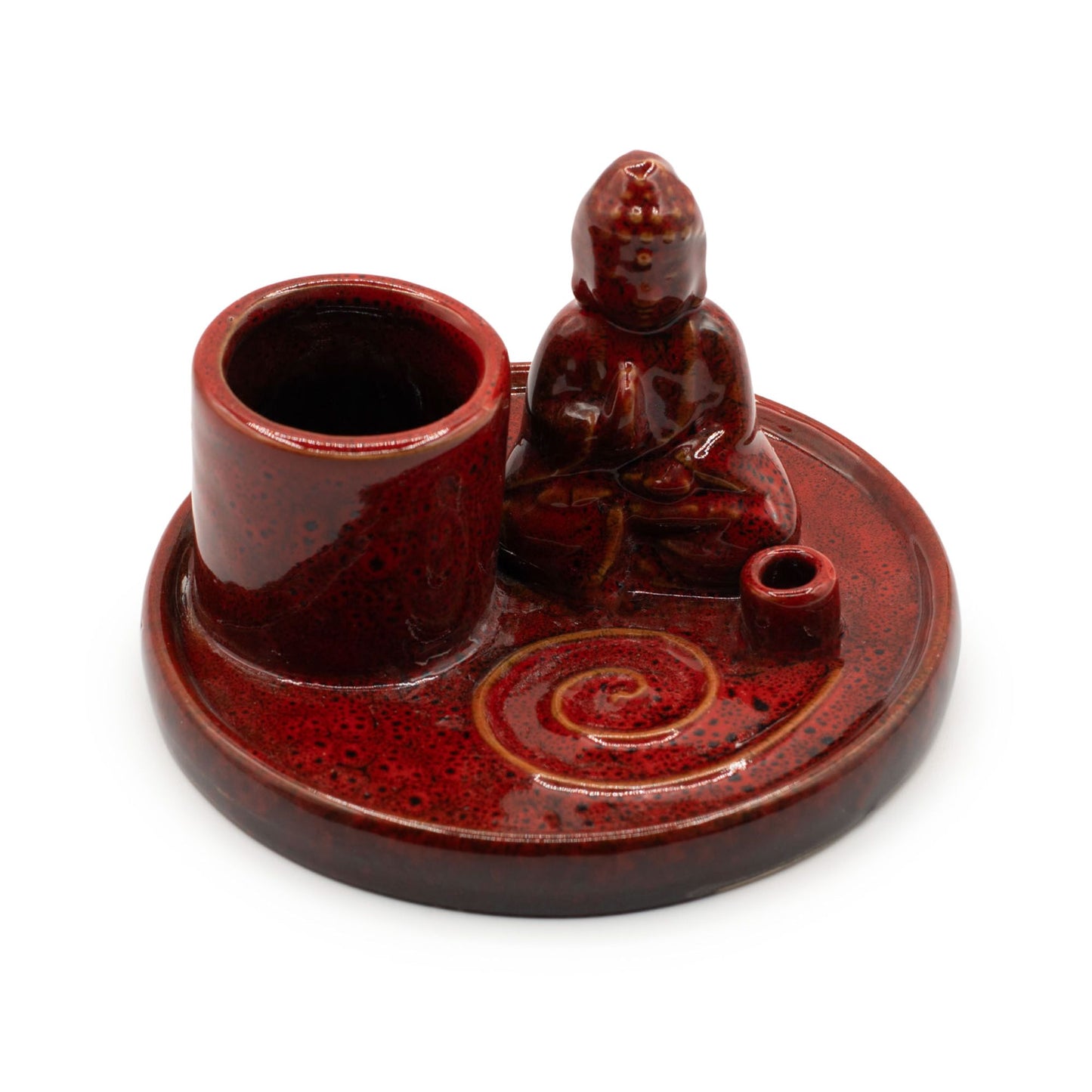 Roter Keramik Räucherhalter mit Buddha-Figur und Halterungen für verschiedene Räucherformen.