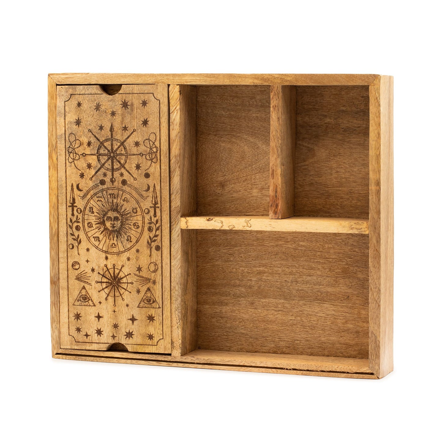 Holzbox mit Tarot-Motiv und vier Fächern.