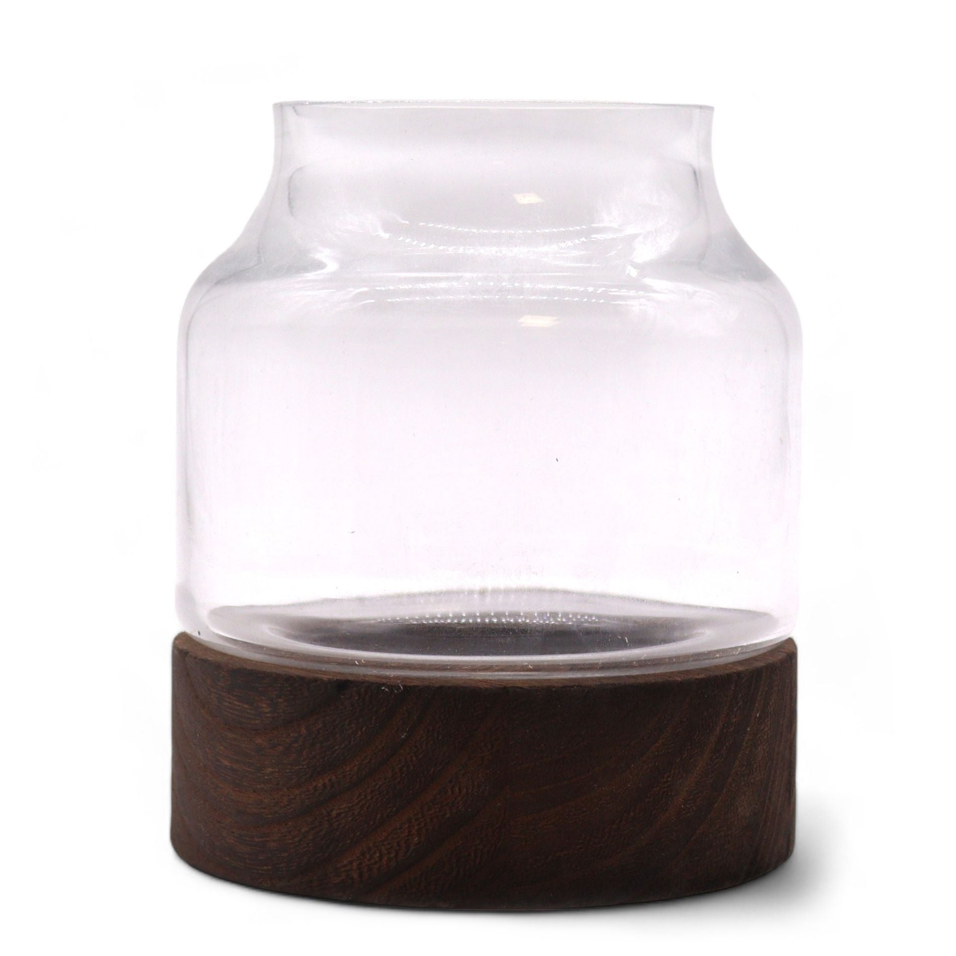 Small clear glass terrarium with a dark wood base.