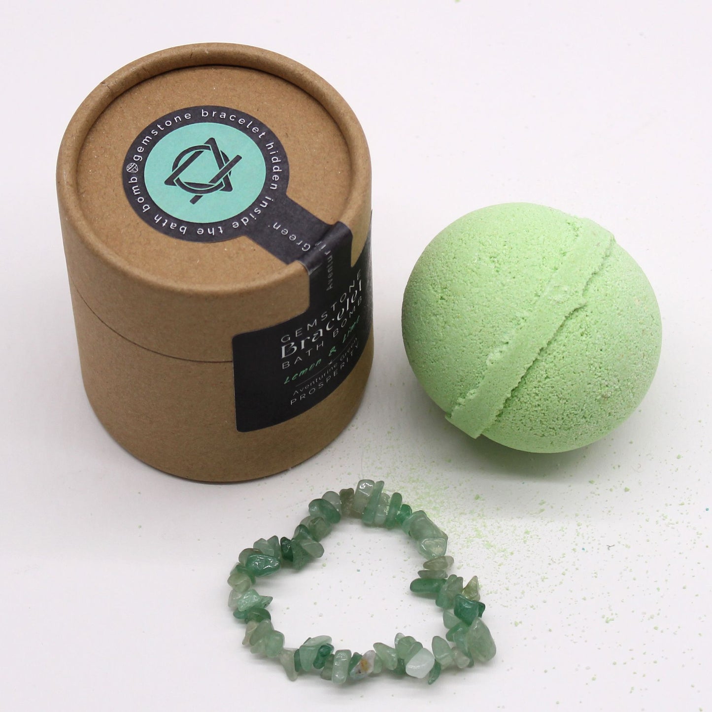 Badebombe mit Aventurin-Edelsteinarmband und Duft nach Zitrone und Limette.