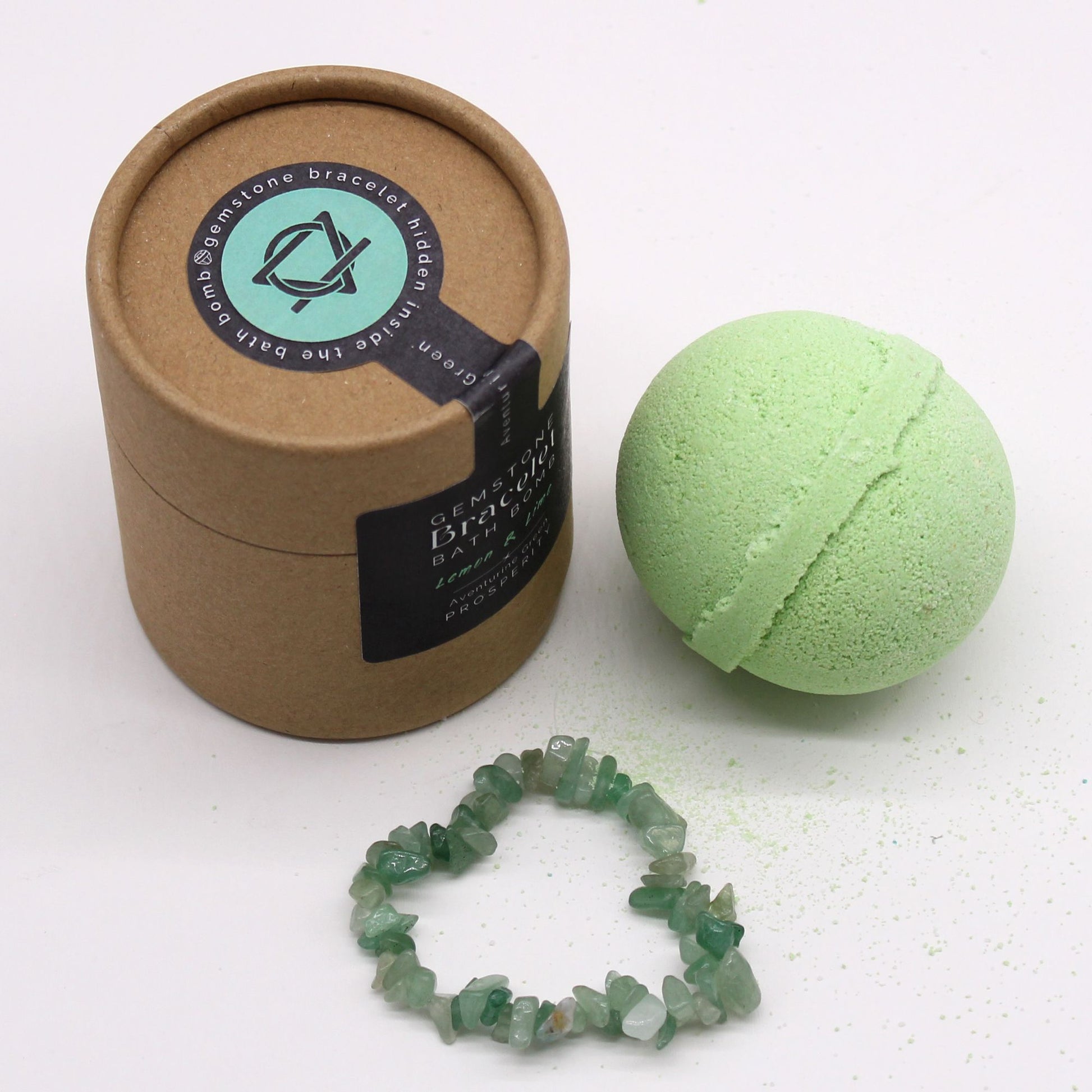 Badebombe mit Aventurin-Edelsteinarmband und Duft nach Zitrone und Limette.