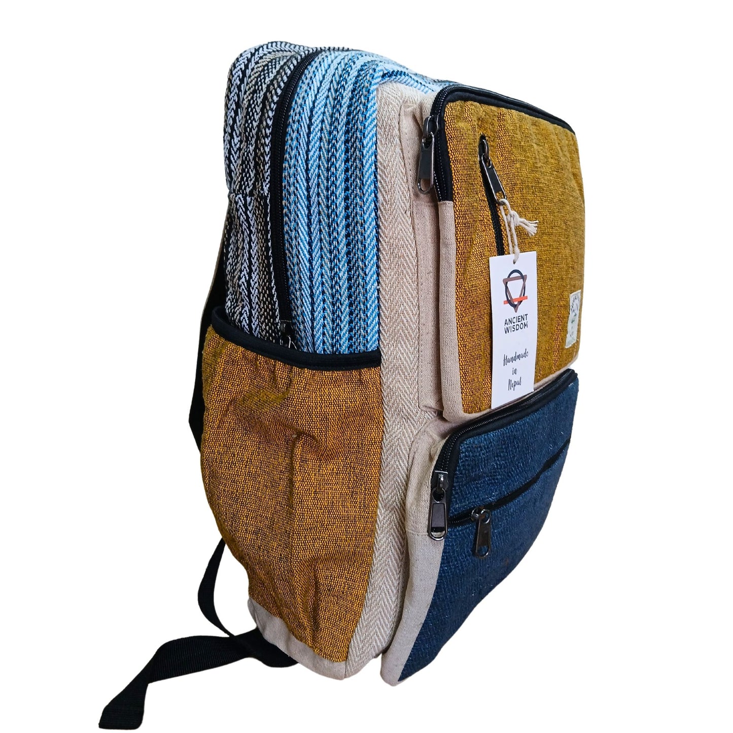 Großer Hanfrucksack mit Streifenmuster in Blau und Gelb, handgefertigt in Nepal.