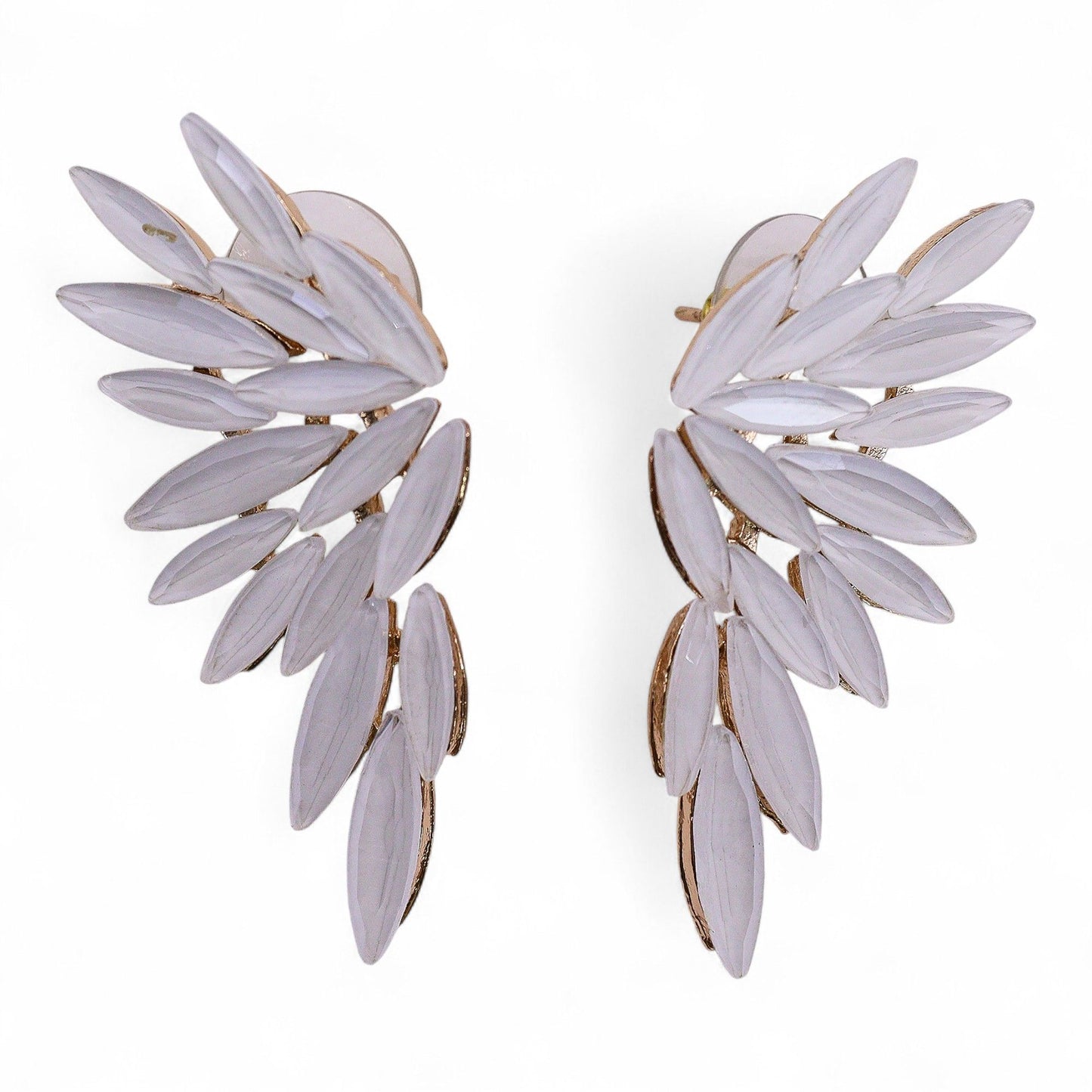 Vintage glass angel wing earrings with gold accents.